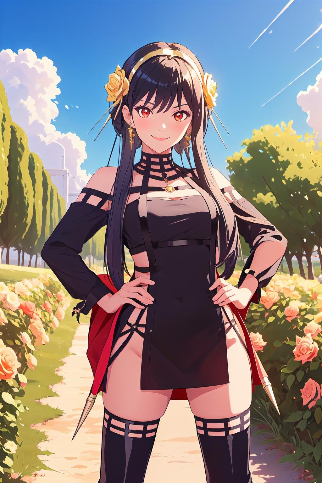 <lora:YorBriar:1>, ybv1, 1girl, smile, hands on hips, hair flower, gold earrings, gold hairband, holding weapon, dual wielding, long hair, red eyes, rose, short hair with long locks, sidelocks, black thighhighs, thighhighs