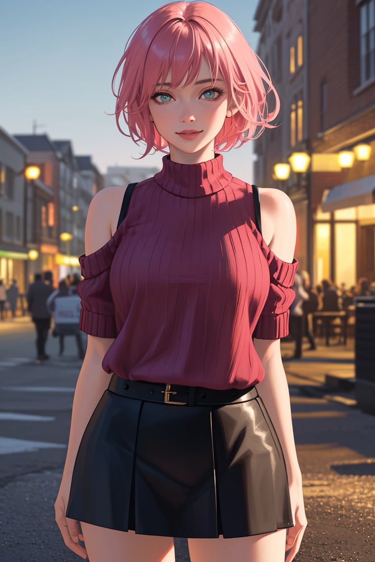 (best quality, 4k, 8k, highres, masterpiece:1.2), ultra-detailed, (realistic, photorealistic, photo-realistic:1.37), 1girl, cowboy shot, outdoors, standing, evil smile, strap sweater, bare shoulders, microskirt, short pink hair, azure eyes, portraits, vivid colors, warm color palette, soft lighting