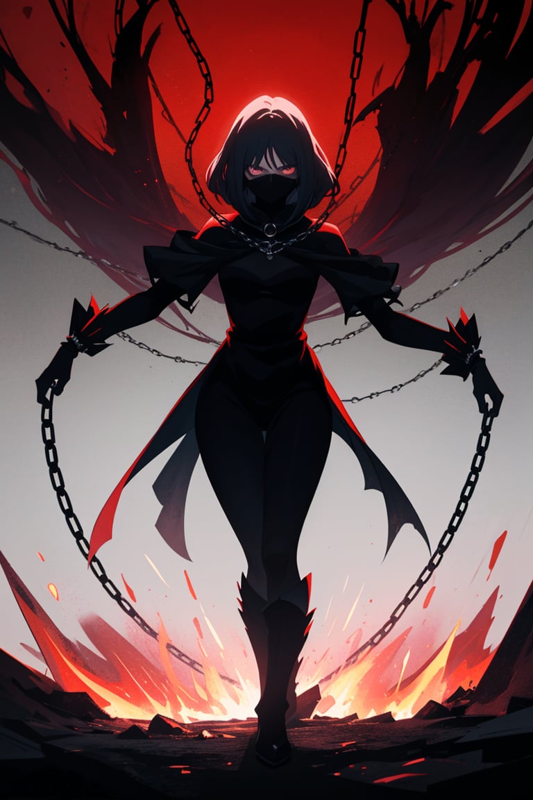 (Anime-style:1.3),  (Dark and intense:1.2),  A striking anime character,  shrouded in shadows and poised for battle,  stands against a deep crimson background adorned with menacing chains. Glowing red hollow fire particles dance around the scene,  creating an otherworldly ambiance. The unique pastel look adds an ethereal touch to this dramatic and visually intense composition