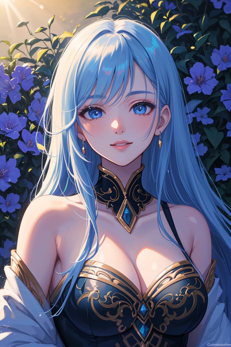 (best quality, masterpieces:1.2, ultra high resolution, 8k), 1girl, korean, cute smile, off-the-shoulders, cinematic lighting, beautiful detailed eyes, beautiful detailed lips, longeyelashes, soft skin, flowing hair, colorful garden backdrop, vibrant colors, sunshine ambiance