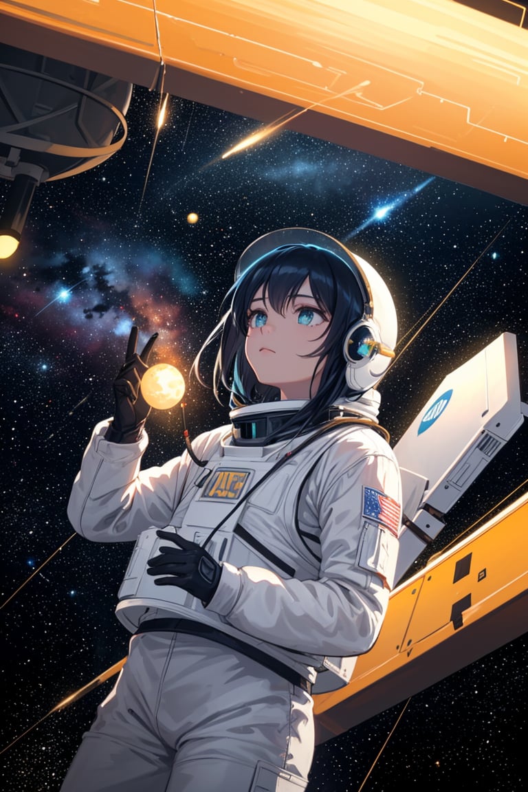 1girl, (best quality, 4k, 8k, highres, masterpiece:1.2), astronaut, falling in space, vivid colors, beautiful detailed eyes, longeyelashes, floating in zero gravity, spacewalk, exploring the cosmos, full spacesuit, space helmet, star-filled background, floating hair, spacecraft in the distance, lunar landscape, soft and whimsical lighting, weightlessness, longing for home, curiosity and wonder, contrast between darkness and light, colorful nebulae, peaceful serenity, loneliness in space, courage and determination, deep space exploration, galaxies and constellations, limitless universe, shooting stars streaking by, sparkling celestial objects.