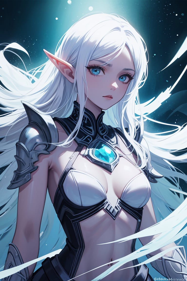 Best quality, highres, masterpiece, detailed painting, captivating dark elf, mesmerizing ice blue eyes, delicate white tattoo with intricate dots on her face, long flowing hair in white with wisps of light pink and pale teal, ethereal appearance, leather strapped armor, fierce yet elegant warrior spirit, stunning combination of colors, incredibly detailed image, immersive high-quality resolution, intricate nuances of the dark elf's features, meticulous craftsmanship, attention to detail, brings the dark elf to life, captivates viewers, sheer artistry, brilliance