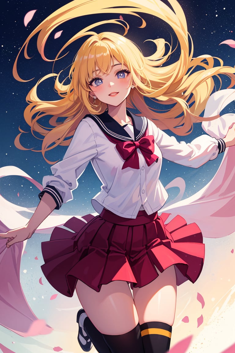 (best quality, 4k, 8k, highres, masterpiece:1.2), ultra-detailed, cute, hot, sexy, anime, girl, sexy outfit, beautiful detailed eyes, beautiful detailed lips, extremely detailed eyes and face, longeyelashes, anime style, soft pastel colors, vibrant background lighting, playful expression, hayfield background, blonde hair, flowy skirt, dynamic pose, sparkling eyes, japanese school uniform, thigh-high socks, smiling face, fantasy vibe, cheerful atmosphere, colorful environment, shoujo manga, gentle breeze, delicate cherry blossoms, heart-shaped pupils, adorable blush, magical transformation, glamorous appearance, irresistible charm, alluring gaze, floating petals, summer paradise, innocent beauty, enticing allure, glowing skin, natural rosy lips, sparkling accessories, lively personality,  joyful energy