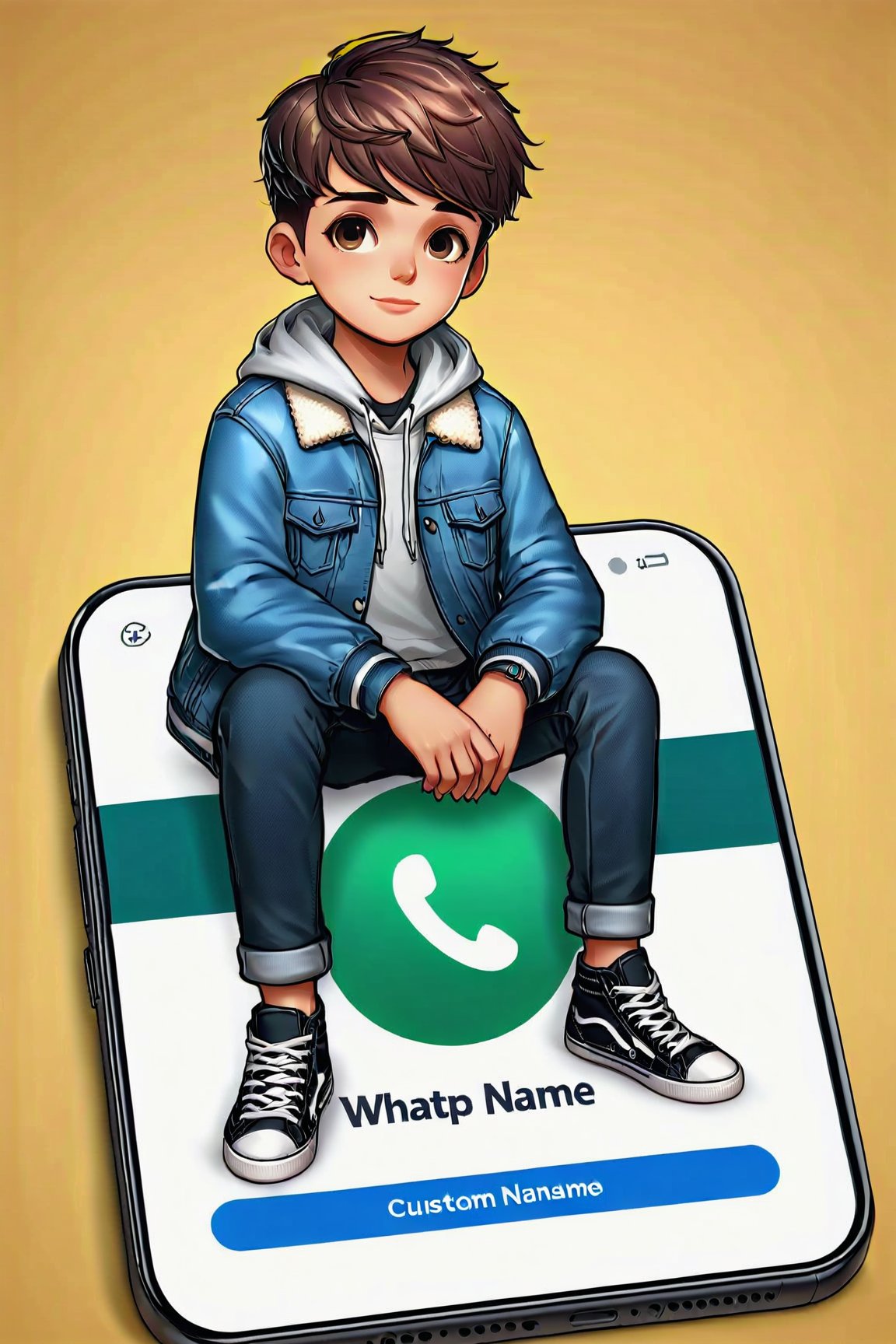 Boy sitting casually on top of a social media logo "WhatsApp" The character must wear casual modern clothing such as jeans jacket and sneakers shoes. The background of the image is a social media profile page with a user name "Custom Name" and a profle picture that match