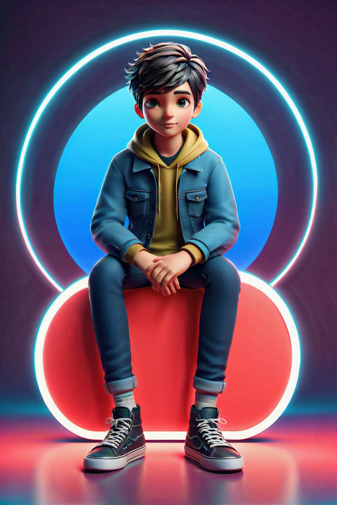 of a floating WhatsApp logo, surrounded by a colorful virtual reality background. The boy has a mischievous smile on his face and is wearing a trendy outfit with headphones around his neck. The logo is made of reflective material, giving it a futuristic and shiny appearance. The virtual reality background consists of vibrant neon lights, abstract shapes, and digital landscapes, creating a sense of energy and excitement. The image is of the highest quality, with ultra-detailed textures and realistic lighting. The artwork has a modern and digital art style, combining elements of illustration and 3D rendering. The color palette is bold and vibrant, with a mix of bright neon colors and deep shadows. The lighting is dynamic, with rays of light casting dramatic shadows and creating a sense of depth and movement in the image.