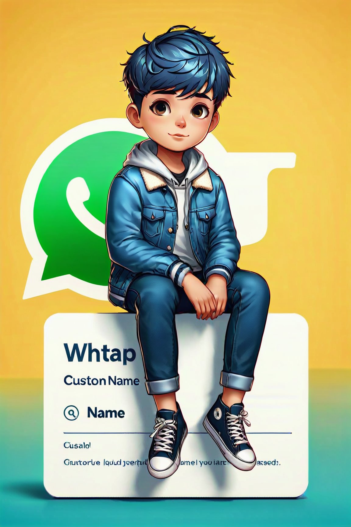 Boy sitting casually on top of a social media logo "WhatsApp" The character must wear casual modern clothing such as jeans jacket and sneakers shoes. The background of the image is a social media profile page with a user name "Custom Name" and a profle picture that match