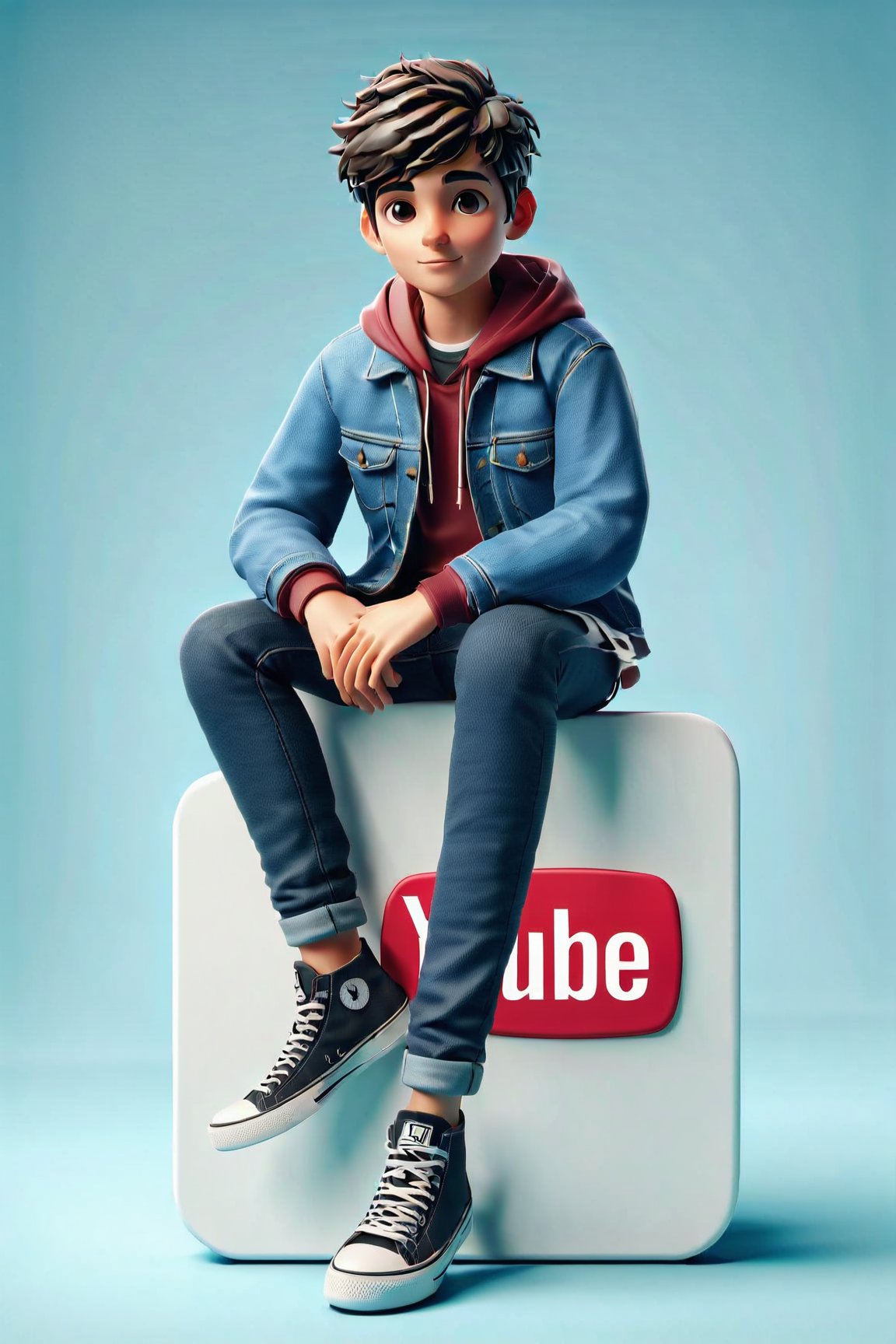 Boy BRAKEING  casually on top of a social media logo "YOUTUBE" The character must wear casual modern clothing such as jeans jacket and sneakers shoes. The background of the image is a social media profile page with a user name "Custom Name" and a profle picture that match