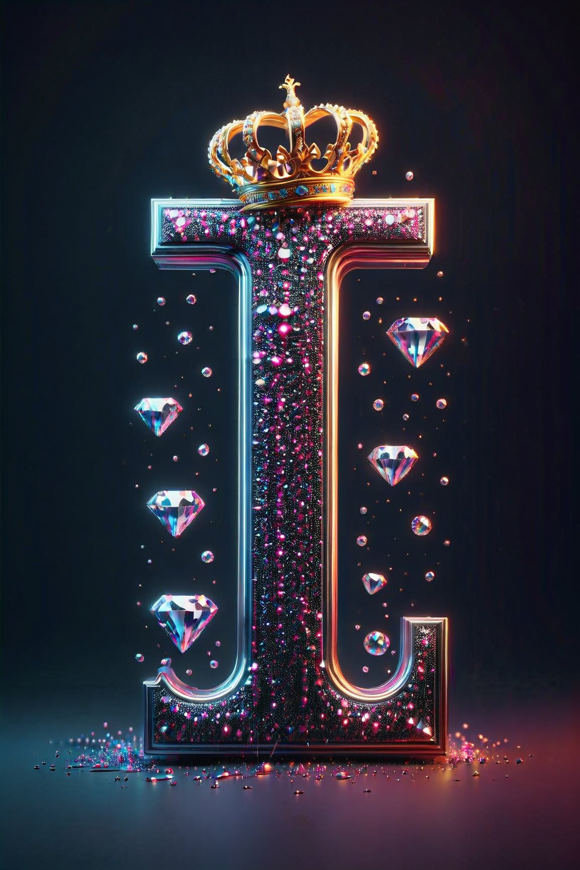 3D, colorful splash of pink and white, with the metallic text 'text/name "CREATIVE" written in diamonds. Include rubies and diamonds, have a crown on the letter L