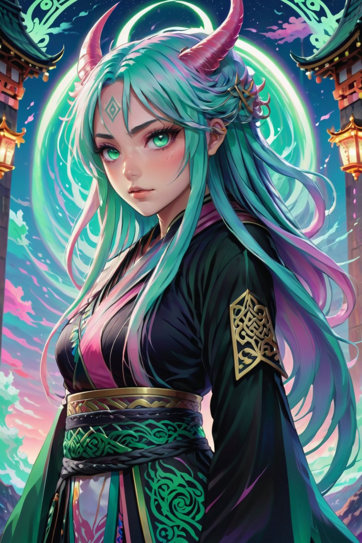 anime style, ultra detailed illustration of a beautiful adult woman with very long gradient hair floating with the wind, ((pink and green hair)) big and bright blue eyes, she looks very angry, she's standing tall in a black kimono, pout, ((Mushoku Tensei:1.3)) ((Demon Slayer:1.3)), pixiv, konachan, ultra detailed face, bold ink lines, cel shaded, art by MSchiffer, full color, contrasting colors, night time

