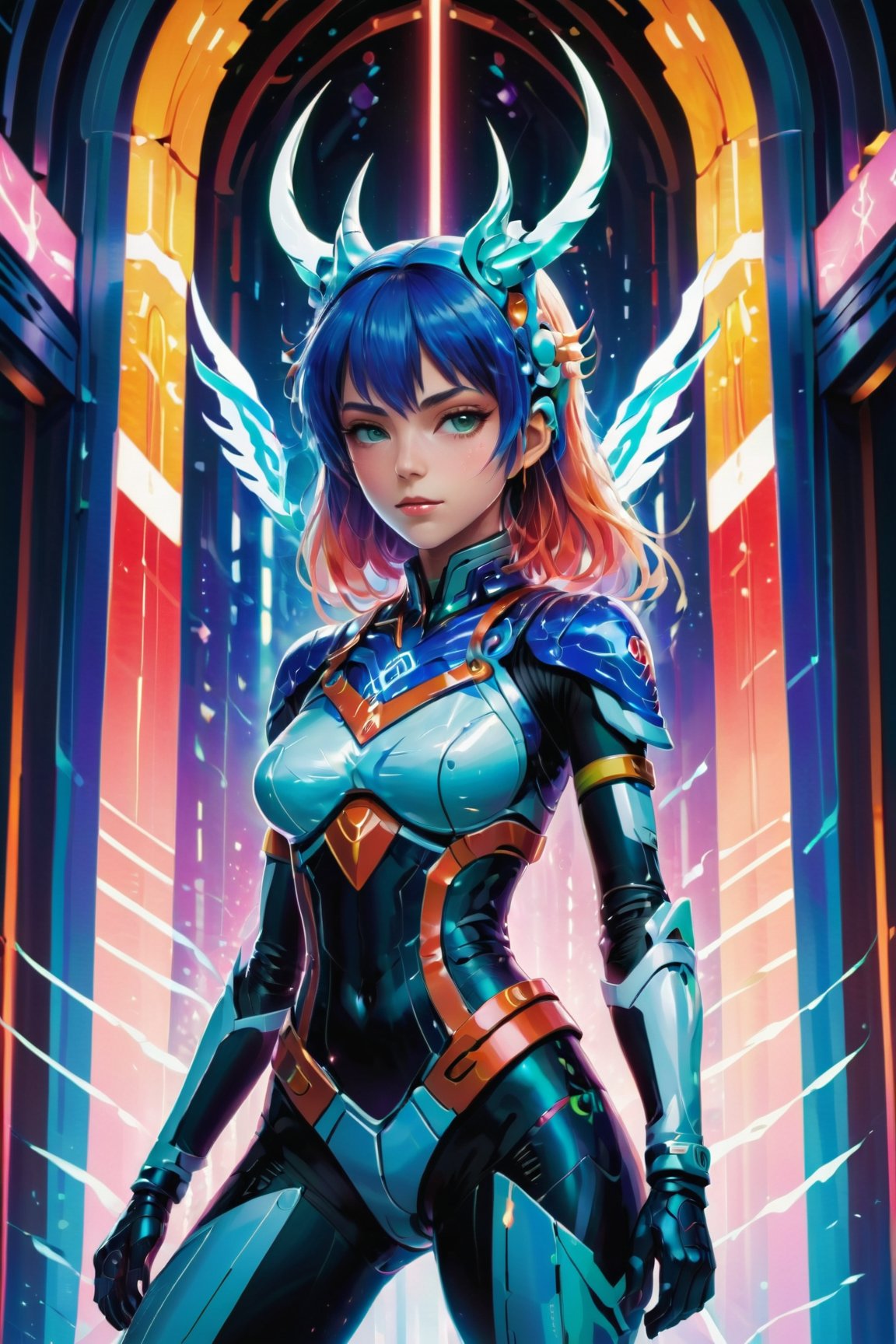 Ultra detailed illustration of an adult woman wearing a plugsuit sitting inside of a mecha, neon lights, light particles, anime art by Mschiffer, anime style, ((evangelion merged with darling in the franxx)), backlit

