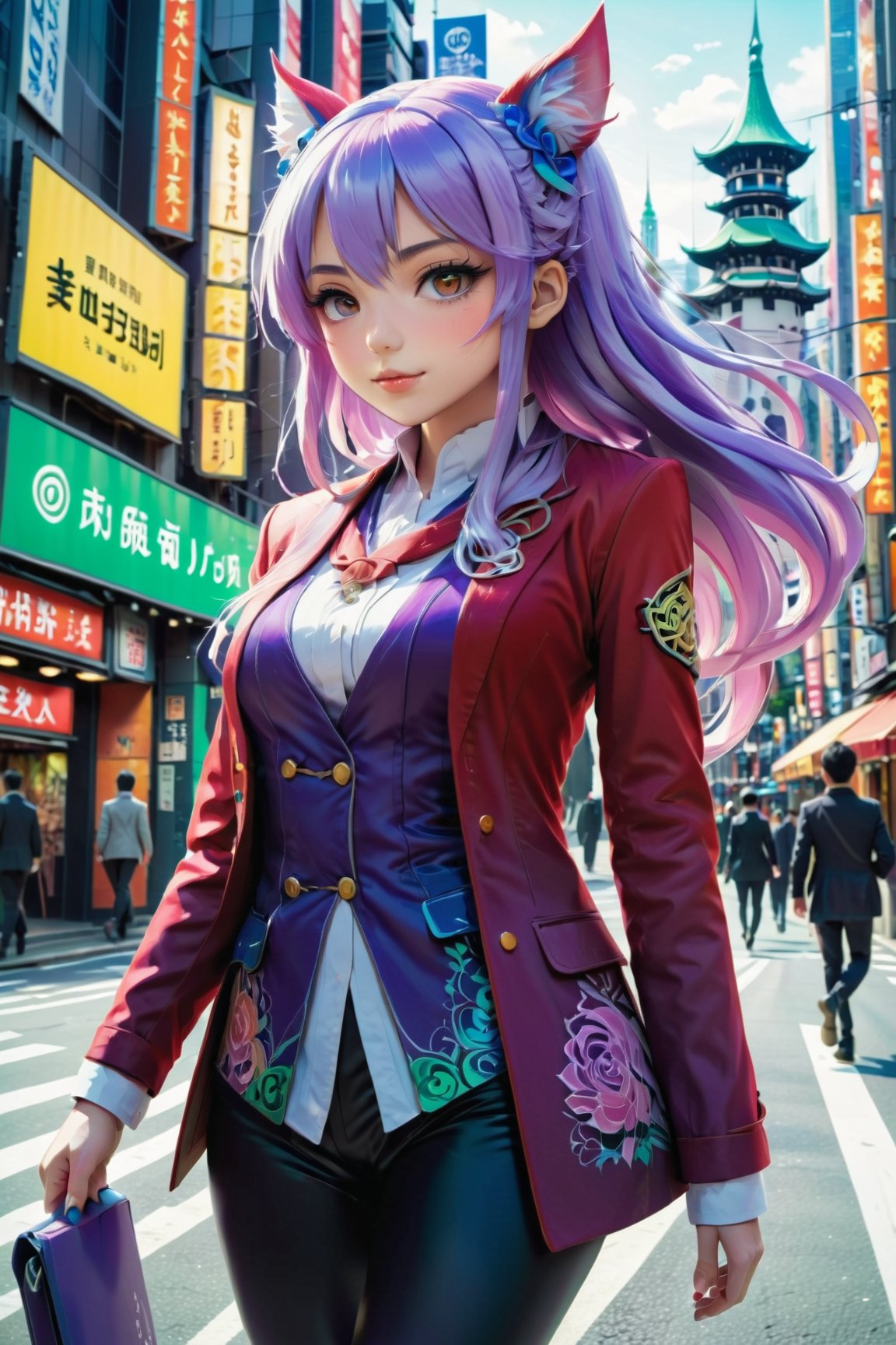(2D anime style), a girl wearing red blazer and black leggins happily walking by shibuya, vibrant colors, soft pastels, beautiful 2D illustration by MSchiffer, intricately detailed, focus on face, detailed face, sharp image, (darling in the franx merged with rozen maiden), (((cel-shaded))), ((cel shading)), ink contours, purple and orange

