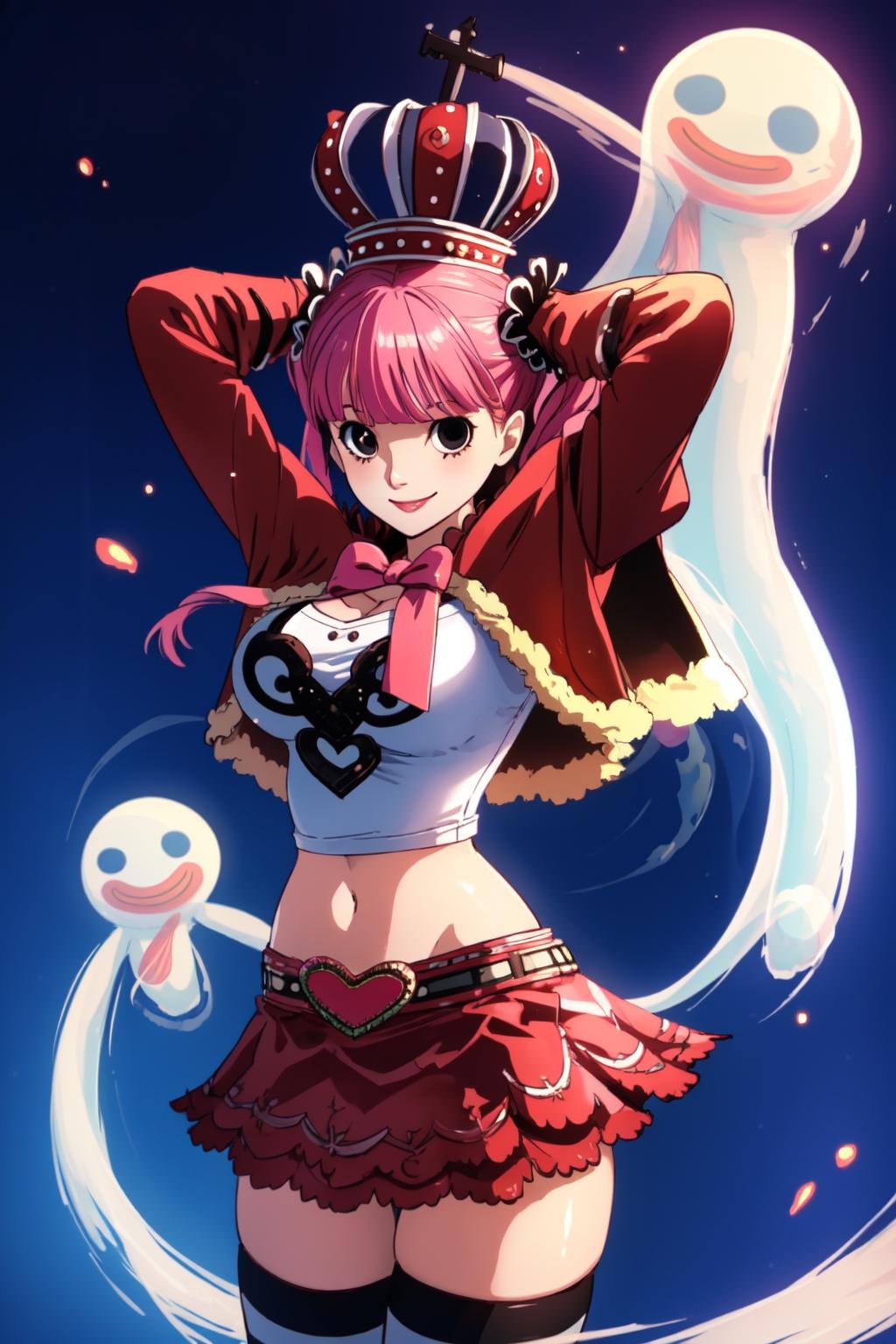 cheems_perona_v3, black eyes, disc-shaped eyes, cowboy shot, red capelet, smile,  <lyco:Perona-step00001500:1.0>, arms behind head, volumetric lighting, light particles, striped thighhighs, ghost