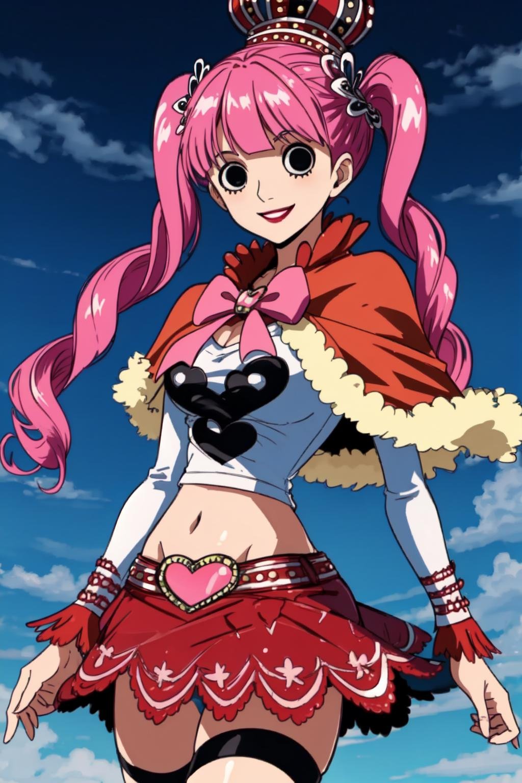 cheems_perona_v3, black eyes, disc-shaped eyes, cowboy shot, red capelet, smile,  <lyco:Perona-step00001500:1.0>