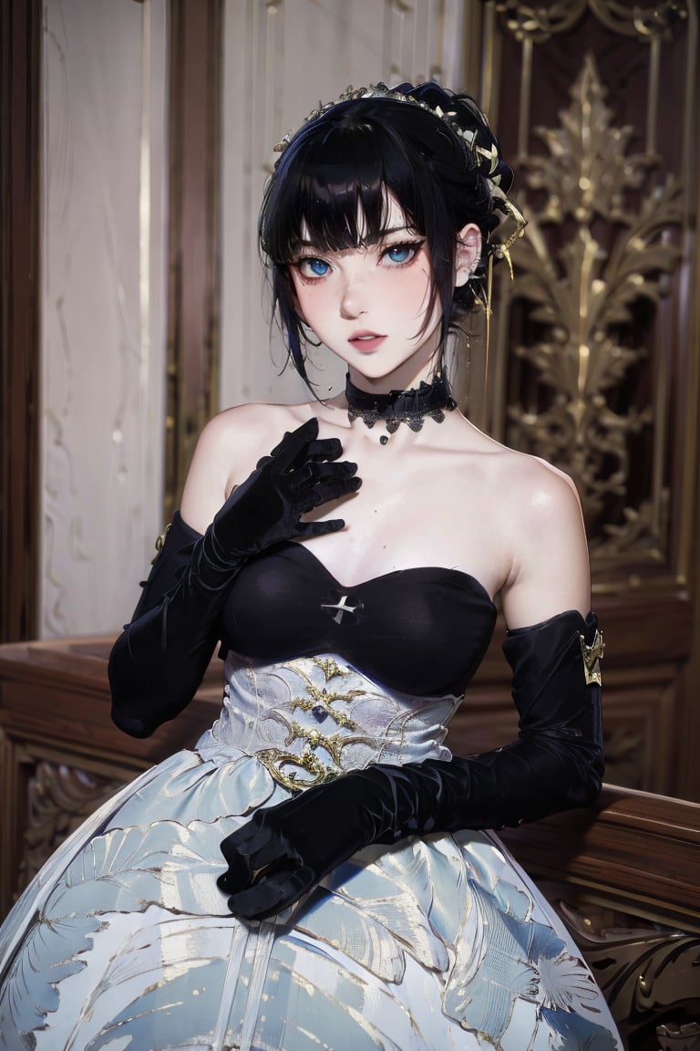 female, ((masterpiece, best quality, ultra detailed, absurdres):1.5), white hair, solo,long hair,breasts,looking at viewer,pink, bare shoulders, black dress, black_glove, choker,narberal gamma