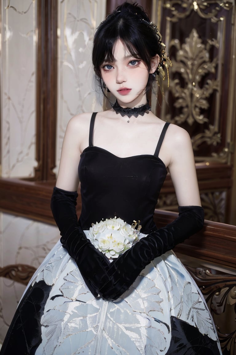 female, ((masterpiece, best quality, ultra detailed, absurdres):1.5), black hair, solo,long hair,breasts,looking at viewer,pink, bare shoulders, black dress, black_glove, choker,narberal gamma