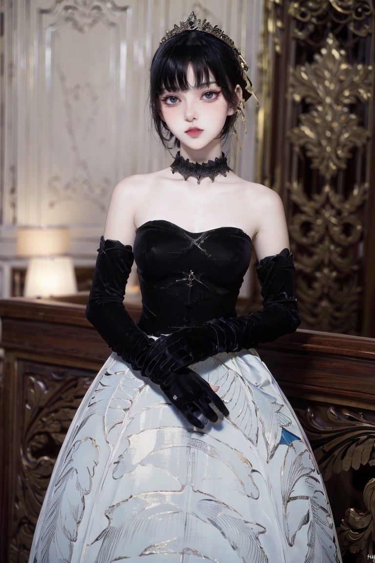 female, ((masterpiece, best quality, ultra detailed, absurdres):1.5), white hair, solo,long hair,breasts,looking at viewer,pink, bare shoulders, black dress, black_glove, choker,narberal gamma