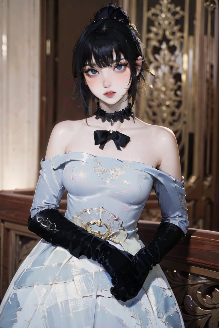 female, ((masterpiece, best quality, ultra detailed, absurdres):1.5), white hair, solo,long hair,breasts,looking at viewer,pink, bare shoulders, black dress, black_glove, choker,narberal gamma