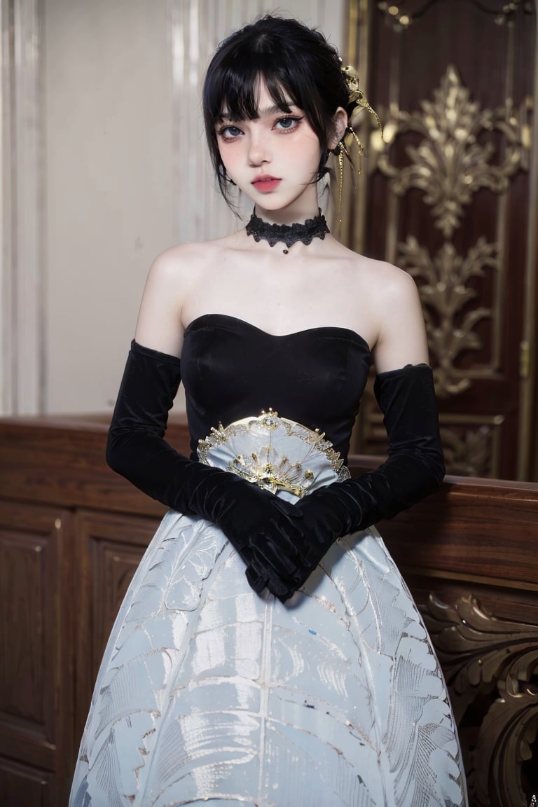 female, ((masterpiece, best quality, ultra detailed, absurdres):1.5), black hair, solo,long hair,breasts,looking at viewer,pink, bare shoulders, black dress, black_glove, choker