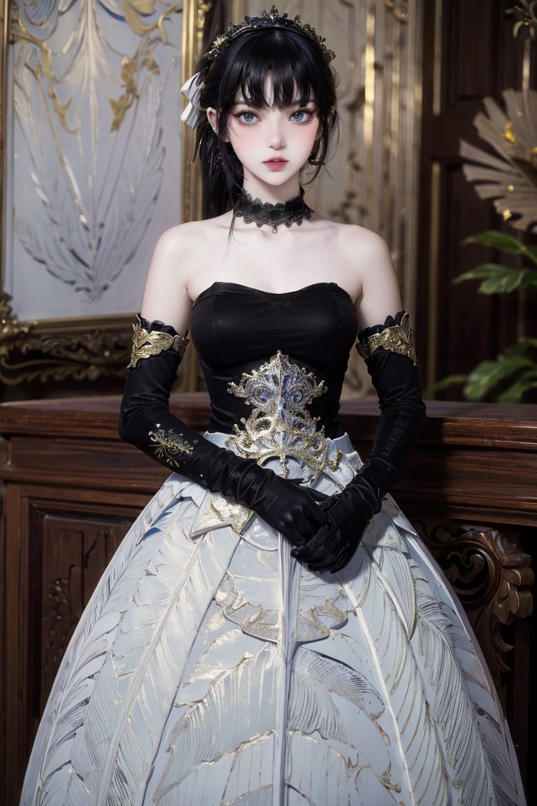 female, ((masterpiece, best quality, ultra detailed, absurdres):1.5), white hair, solo,long hair,breasts,looking at viewer,pink, bare shoulders, black dress, black_glove, choker,narberal gamma, maid