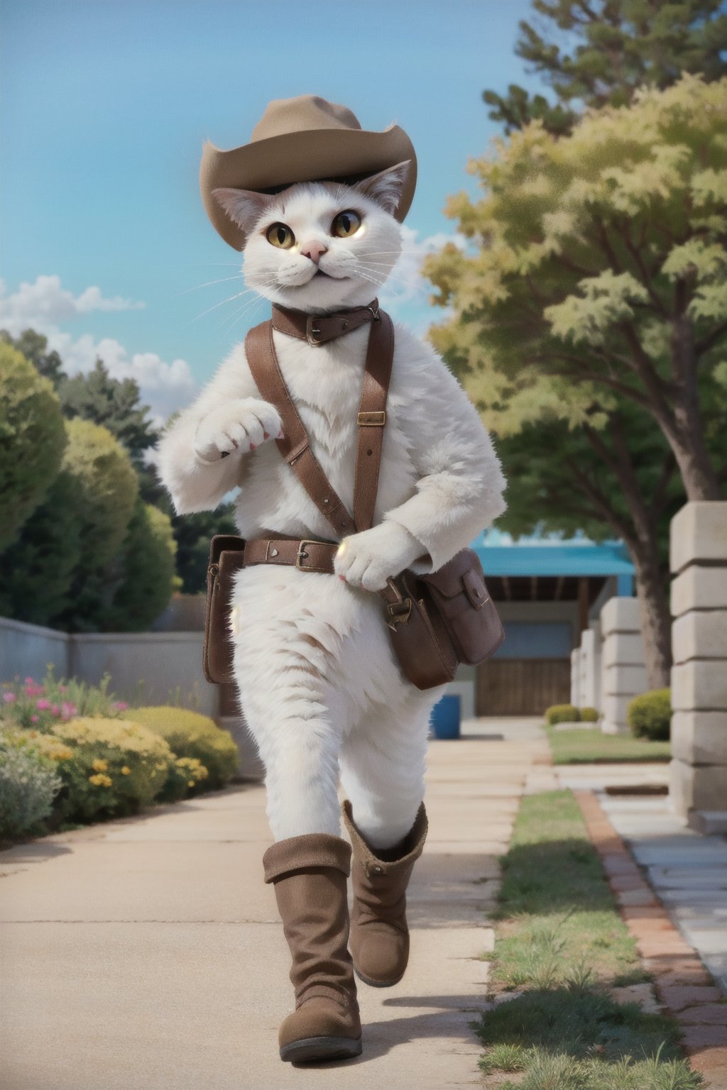 Masterpiece, Jdoracat, outdoors, no humans, animal, cat, realistic, animal Focus, white cat,photorealistic, walking, yard, cowboy shot, face focus,disney pixar style, boots, hat, belt