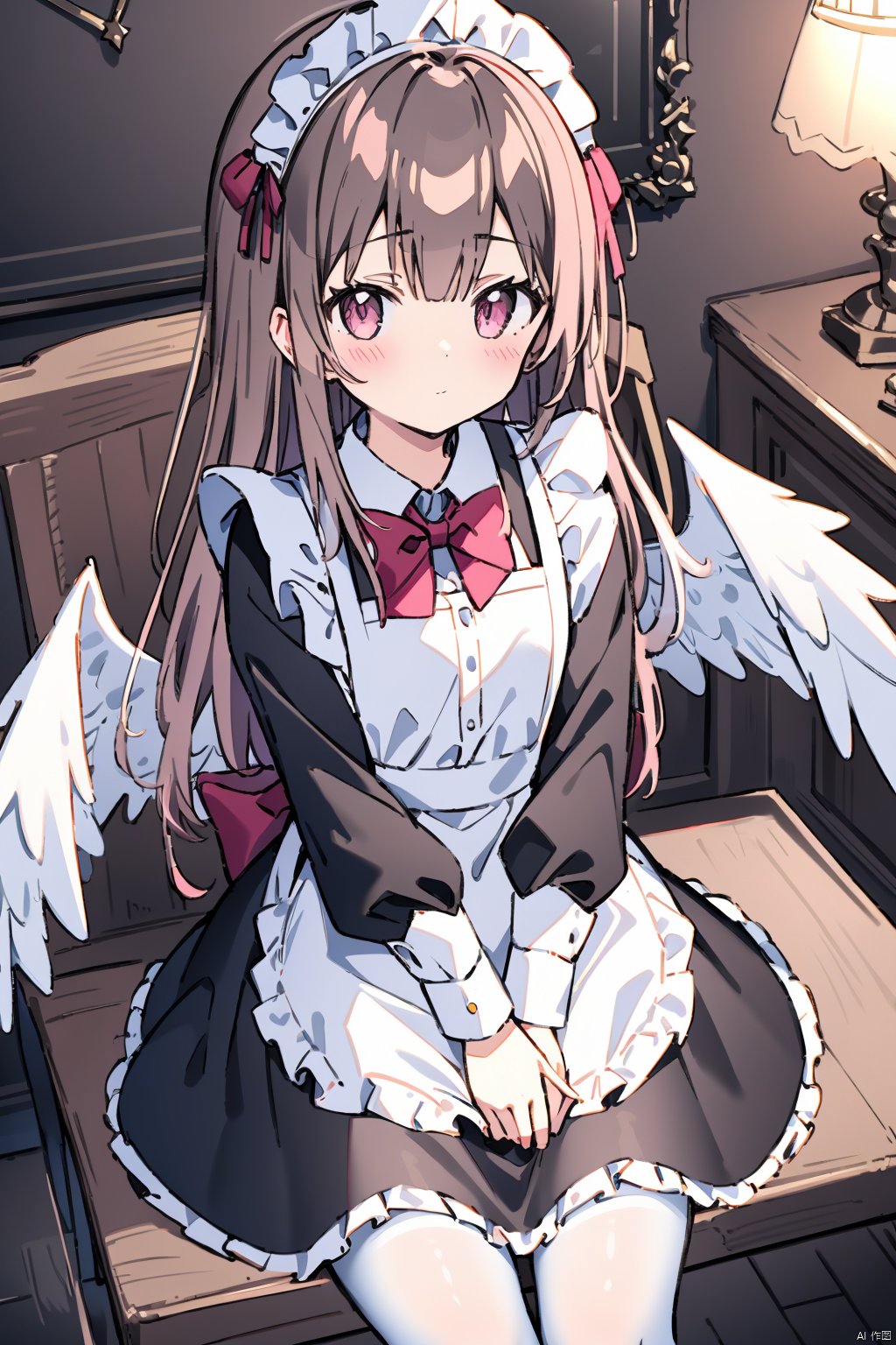  solo, 1girl, maid, maid headdress, long hair, white pantyhose, sitting, wings, looking at viewer, dress, apron, long sleeves, blush, bow, frills, pantyhose, indoors, bowtie, own hands together, chair, red bow, bangs, clock, red bowtie, interlocked fingers, closed mouth, white wings, black dress, white apron, juliet sleeves, pink eyes, puffy sleeves, brown hair