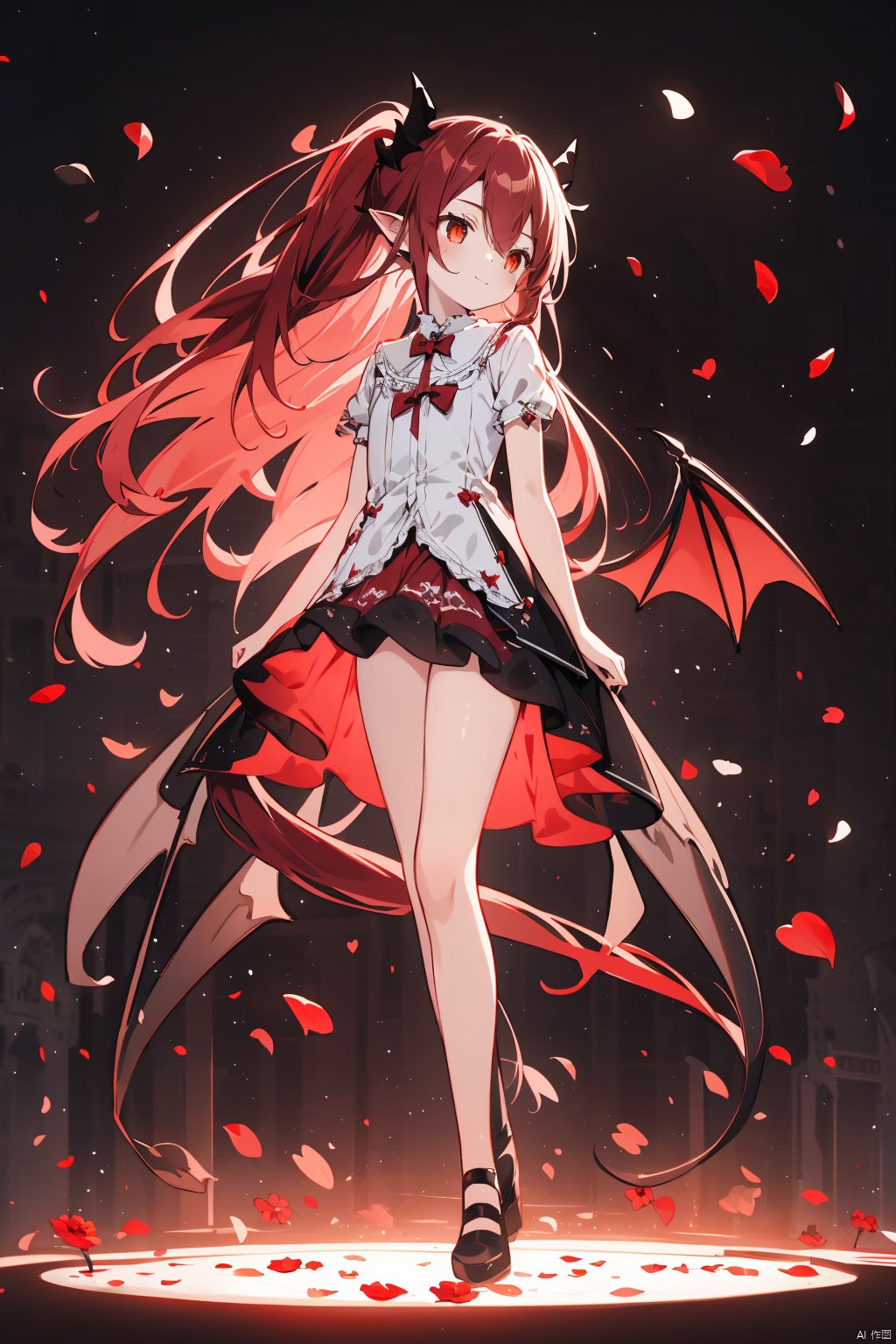  (highres),(masterpiece),Red scene,(Red petals floating in the air:1),(In the sky),(night),(full body, wide shot, panorama:1.3),backlighting,Black and red hair, Orange red eyes,Sparkling eyes, looking down,from below, long hair,hair between eyes,ponytail,streaked hair,messy hair, floating hair,demon wings, evil,1girl, (loli), (petite),gothic lolita, solo,black knee socks,An evil smile,fang,head tilt,arms behind back,pointy ears,heart tail,devil horns,(fly),