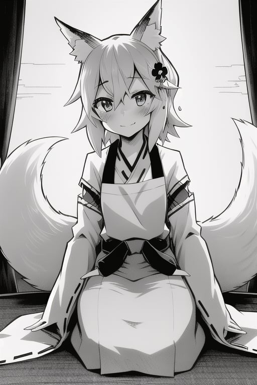 <lora:senkoLora_v4:1>, 1girl, animal ear fluff, animal ears, apron, blush, brown eyes, flower, fox ears, fox girl, greyscale, hair between eyes, japanese clothes, looking at viewer, miko, monochrome, sen, sen-anime, short hair, smile, solo, tail, white kimono, wide sleeves,  <luco:GoodHands-beta2:1>, <lora:GoodHands-beta2:1>