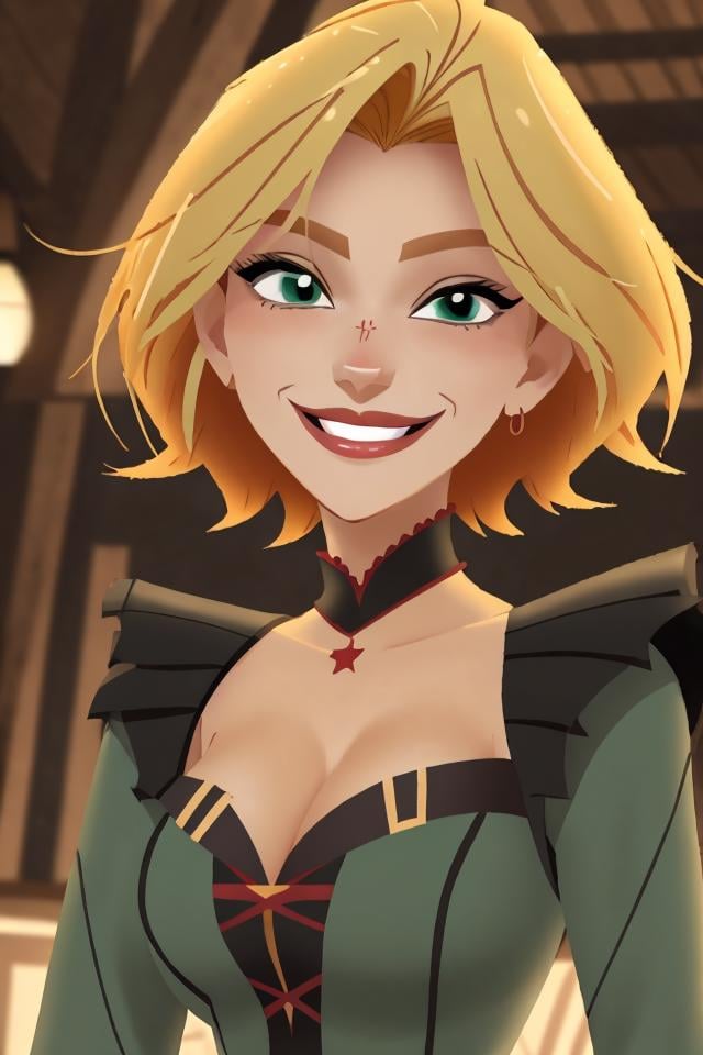 <lora:TangledAdventure:0.9> close-up of a woman smiling, green dress, blonde hair, short hair, outdoors, fair