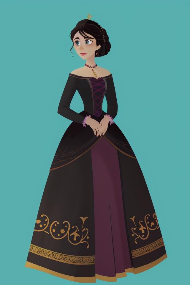 <lora:TangledAdventure:0.8> A woman in a black dress