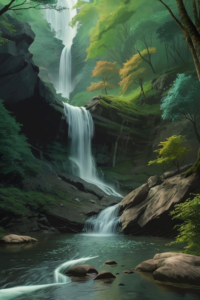 <lora:TangledAdventure:1> river, forest, waterfall