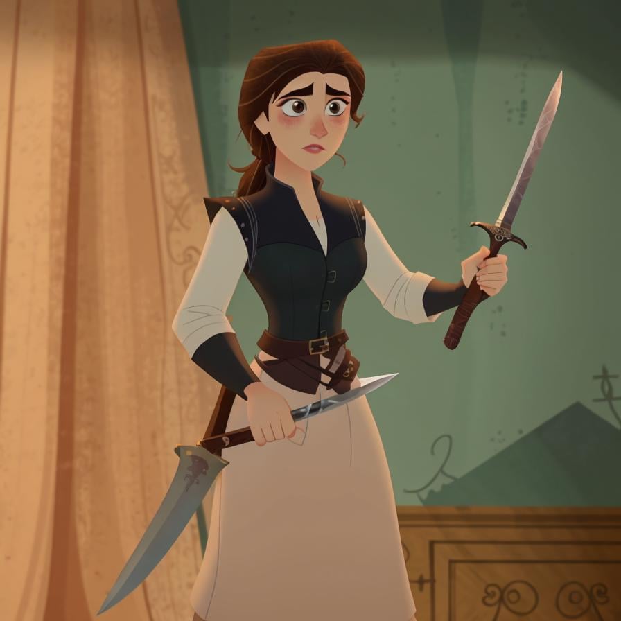 a woman in a pencil skirt, holding a sword, tangledadventure <lora:TangledAdventure_2:1>