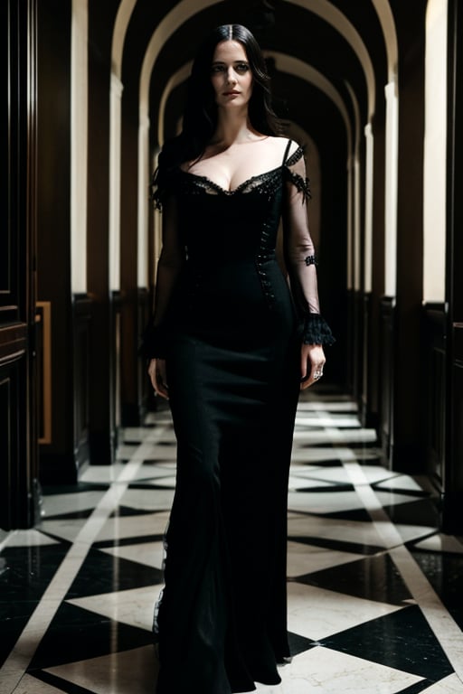 wo_evagreen01, upper body, wearing a black gothic dress, a hallway at the background, 8k, masterpiece, high quality, highres, photorealistic, raw, extremely detail
