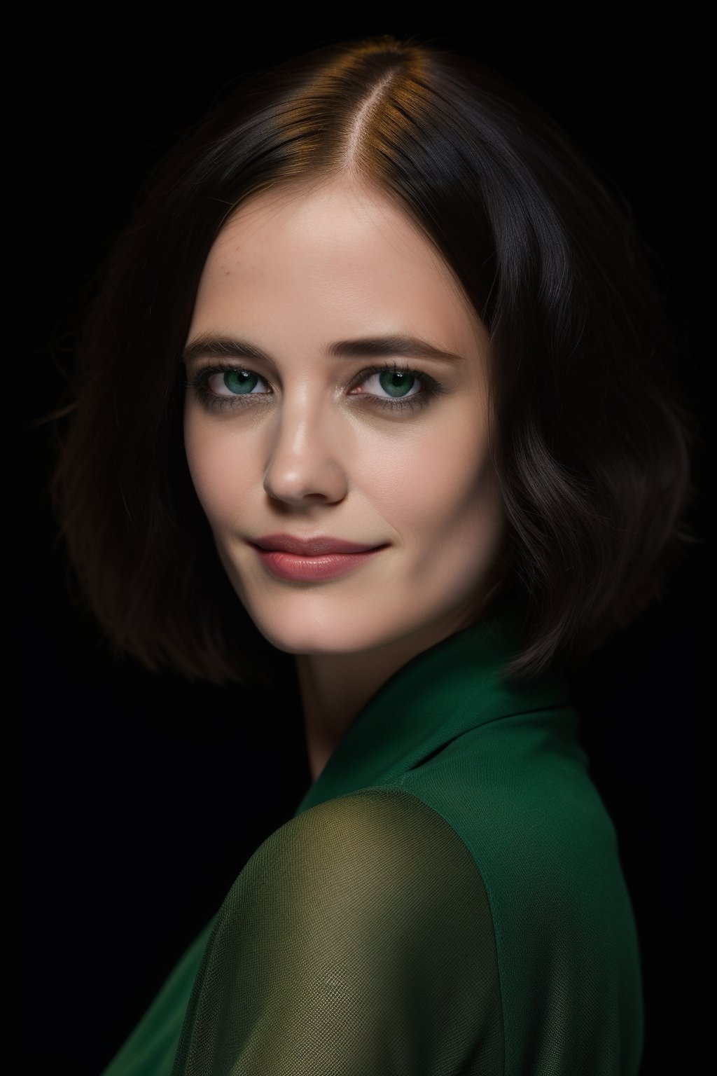 wo_evagreen01, smile, headshot, bob hair, green shirt, in a photoshoot, black background, 8k, masterpiece, high quality, highres, photorealistic, raw, extremely detail
