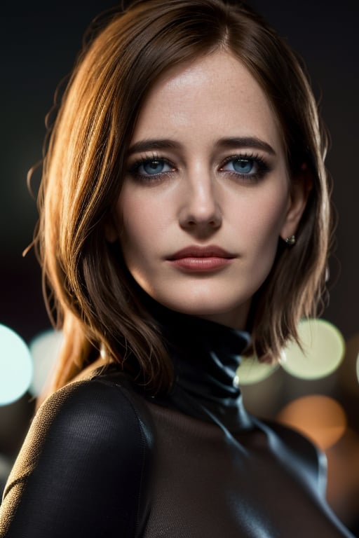 woman, delicate traits, Sharp Focus, (wo_evagreen), (close-up:0.1), low key lighting, shot on Lumix GH5, cinematic bokeh, black tight turtleneck shirt, dark blonde hair, (simple background:1.2), sharp cheekbones, teasing, detailed skin, Detailedface