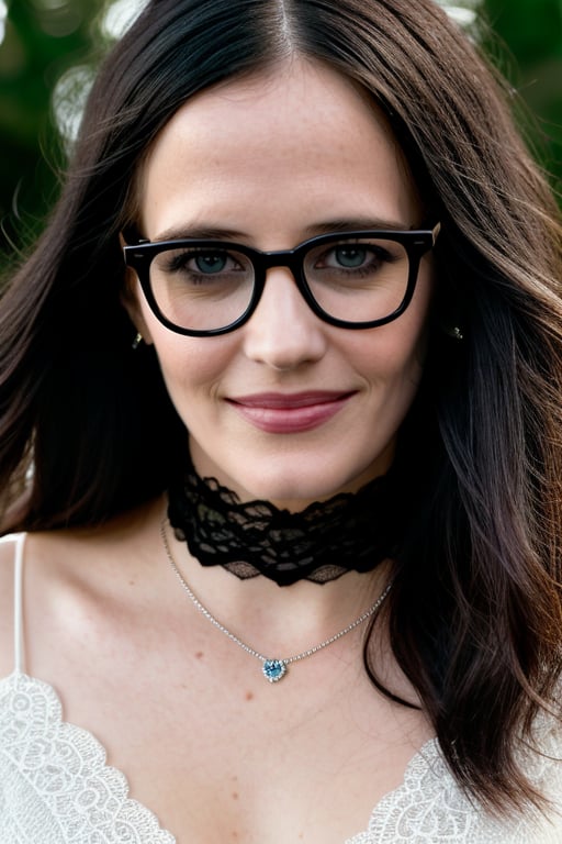 glasses, Sharp Focus, smile, wo_evagreen01, long black hair, (close-up:0.8), low key lighting, shot on Lumix GH5, cinematic bokeh, lace choker, (simple background:1.2), teasing, detailed skin
