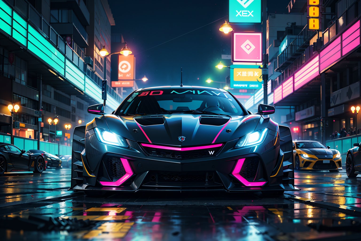 (digital artwork), Super car, wide body kit, modified car, racing livery, rainingmasterpiece, best quality, realistic, ultra highres, depth of field,(full dual colour neon lights:1.2), (hard dual colour lighting:1.4), (detailed background), (masterpiece:1.2), (ultra detailed), (best quality), intricate, comprehensive cinematic, magical photography, (gradients), colorful, detailed landscape, visual key,