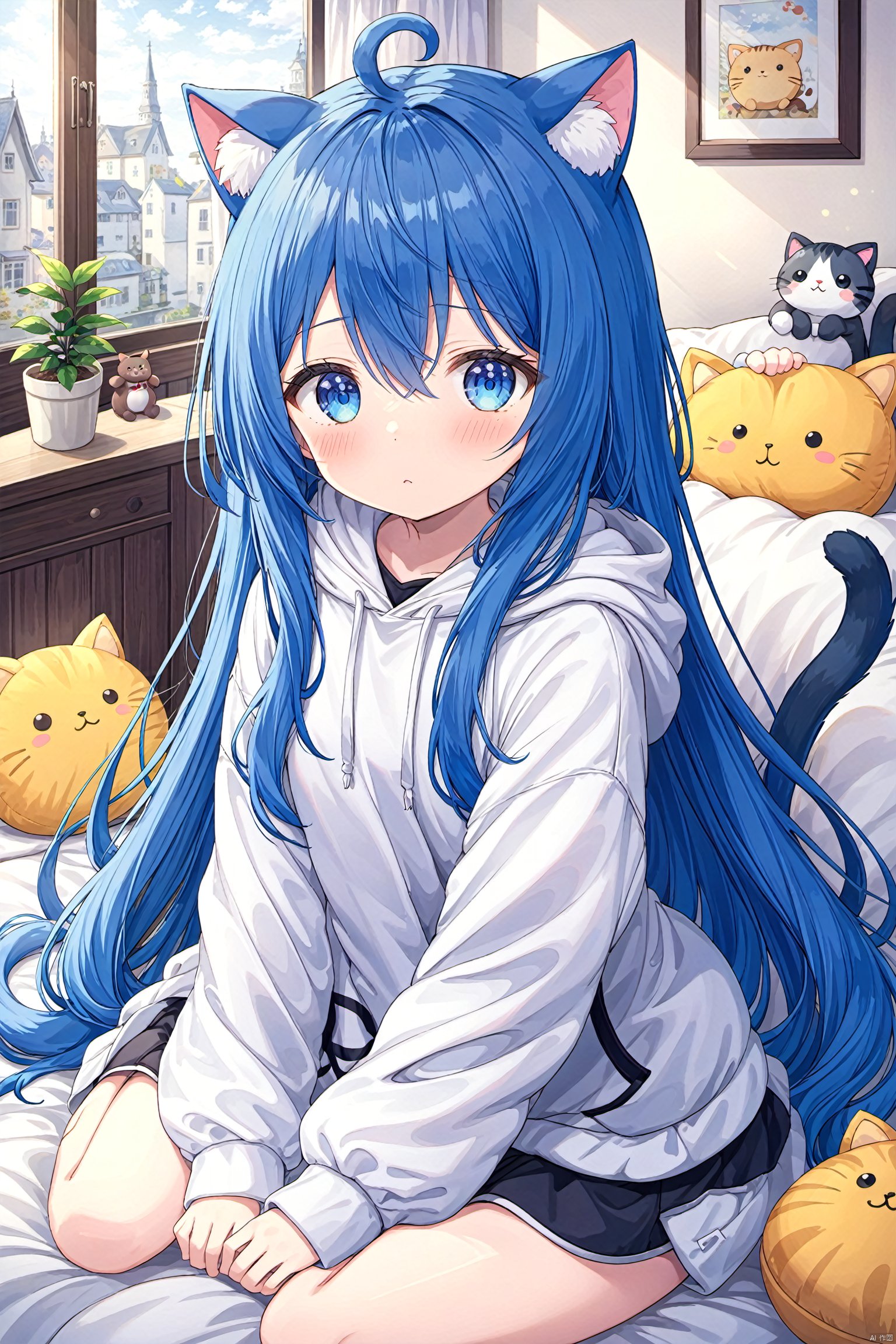 1girl, animal ears, cat ears, long hair, cat tail, tail, hood, cat girl, blue eyes, stuffed toy, blue hair, blush, long sleeves, stuffed animal, very long hair, solo, bangs, stuffed cat, pillow, hoodie, hood down, cat hood, looking at viewer, hair between eyes, sleeves past fingers, white hoodie, on back