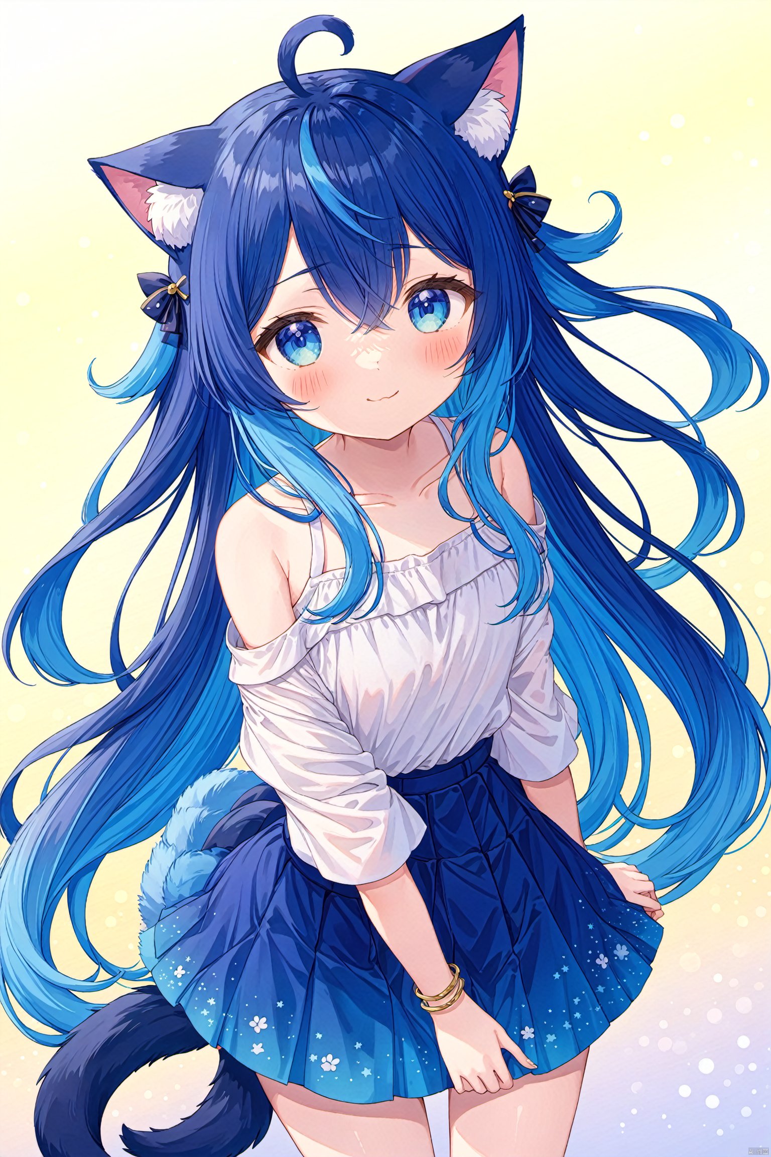 1girl, animal ears, long hair, tail, stuffed animal, stuffed toy, skirt, cat tail, blue hair, hair ornament, cat ears, solo, off-shoulder shirt, blue eyes, shirt, bangs, stuffed cat, blush, smile, closed mouth, white shirt, hair between eyes, very long hair, eyebrows visible through hair, gradient, gradient background, blue skirt, bare shoulders, off shoulder