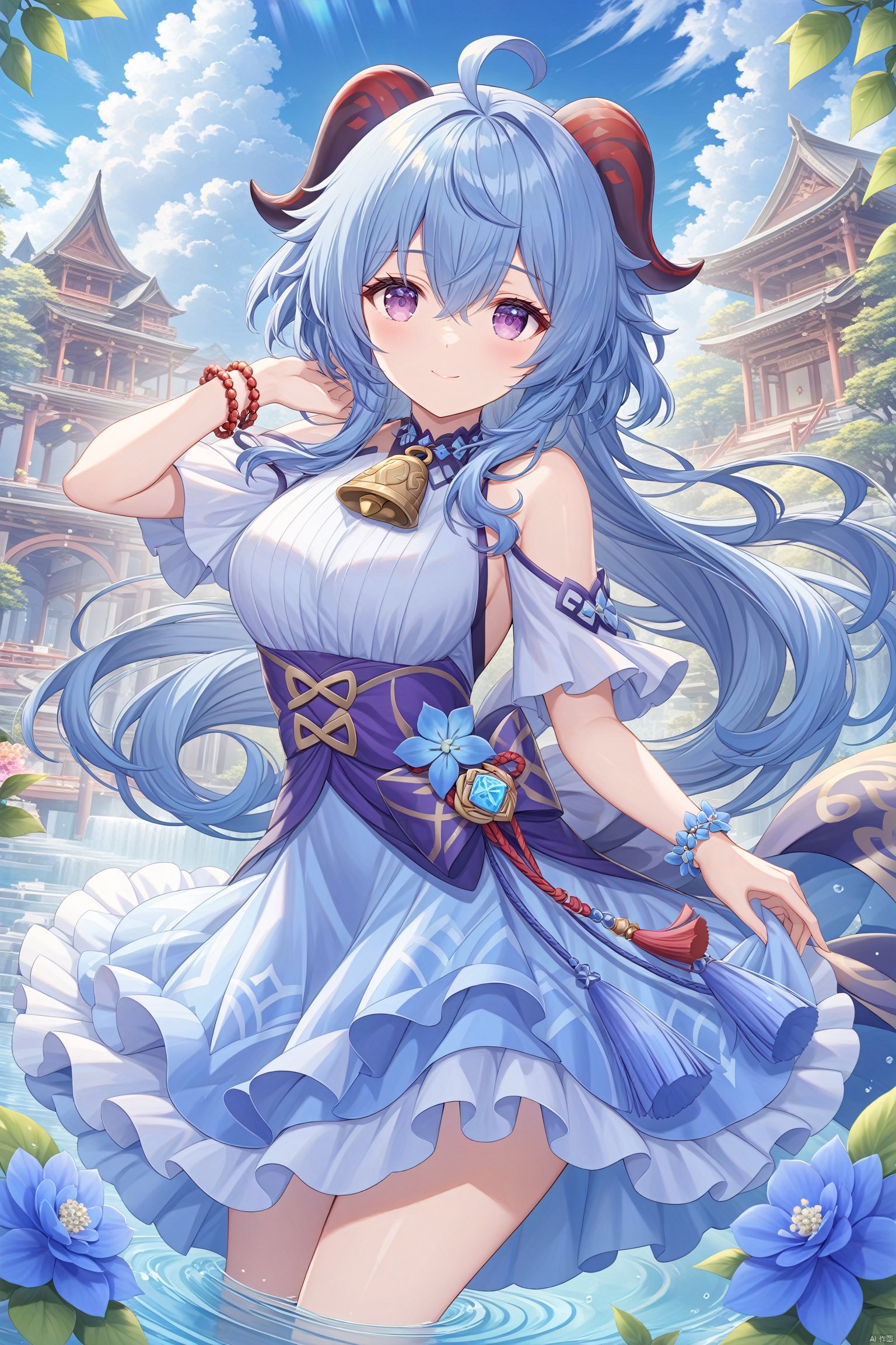  The subject is a single female character with long hair, noticeable breasts, and an engaging gaze towards the viewer. She has a pleasant smile with her mouth slightly open. Her hairstyle includes bangs and sidelocks, complementing her elegant dress adorned with jewelry. She possesses medium-sized breasts and distinctive blue hair that beautifully contrasts with her purple eyes. A flower accessory adorns her head along with an ahoge. The scene takes place outdoors under a sky filled with clouds, where she gracefully raises her arms showcasing delicate bracelets against the backdrop of a serene blue sky. A bell necklace hangs around her neck while she stands in shallow water surrounded by frills and horns. Additionally, she wears an alternate costume featuring tassels and holds a blue flower called "Vision" from the game Genshin Impact, representing the character named Ganyu.