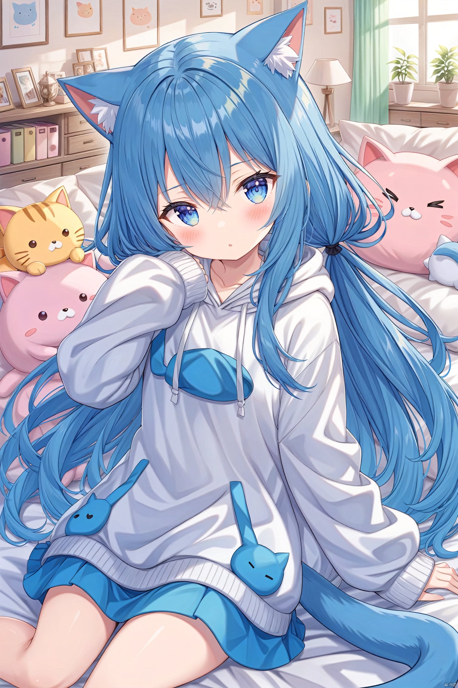  1girl, animal ears, cat ears, long hair, cat tail, tail, hood, cat girl, blue eyes, stuffed toy, blue hair, blush, long sleeves, stuffed animal, very long hair, solo, bangs, stuffed cat, pillow, hoodie, hood down, cat hood, looking at viewer, hair between eyes, sleeves past fingers, white hoodie, on back