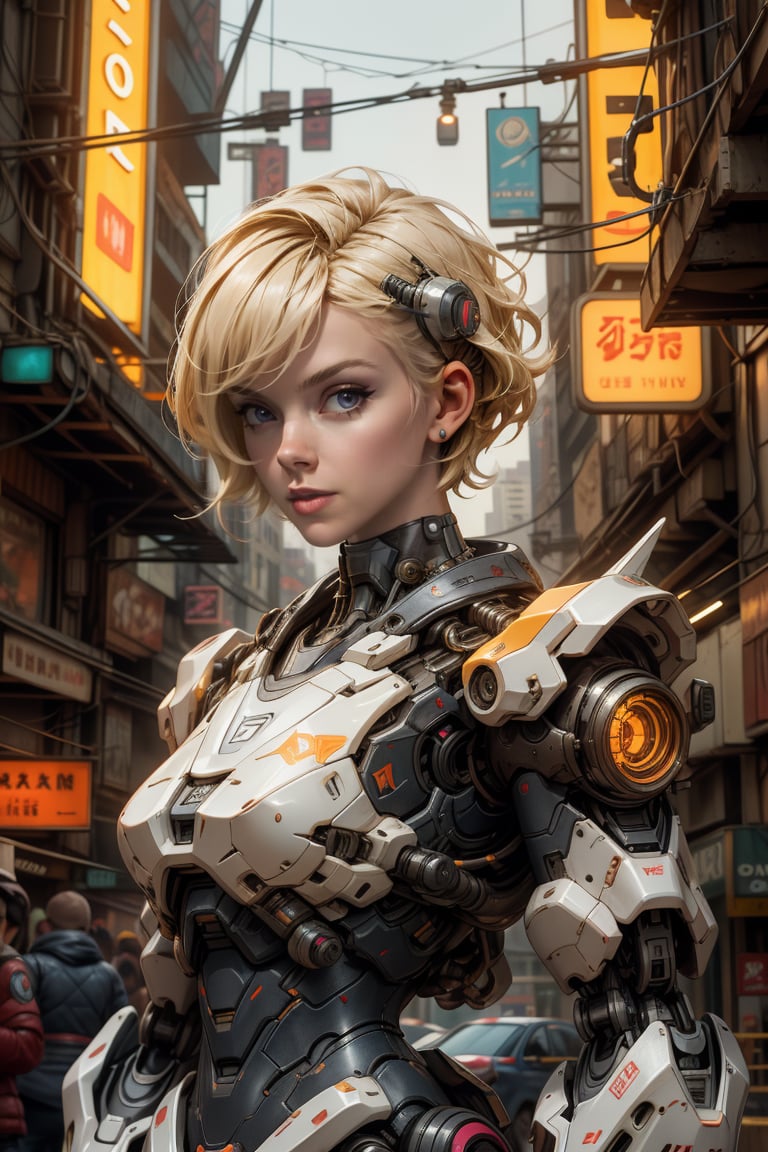 Portrait photo of a woman,  short hair,  blonde,  Cyberpunk city in the background,  white mecha armor,  neon signs,  high quality,  beautiful face,  action pose,  clear focus,  detailed and fantasy setting,  REALISTIC,  Mecha, cyberpunk robot, mecha,<lora:EMS-2121-EMS:0.200000>,<lora:EMS-5604-EMS:0.100000>,<lora:EMS-606-EMS:0.800000>