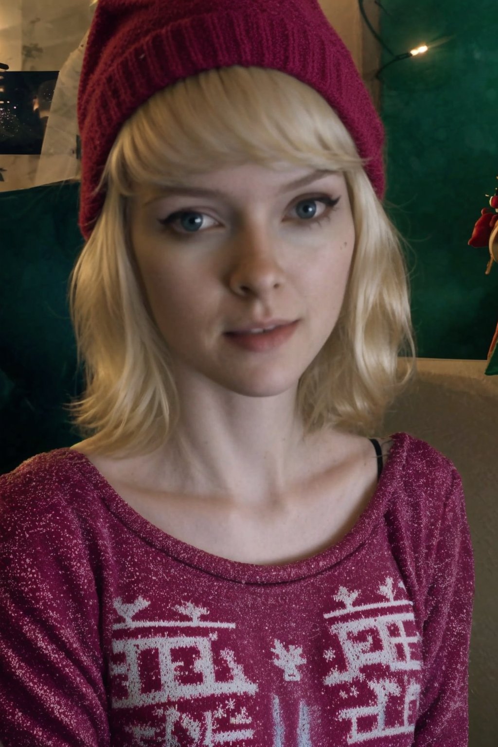 a photo of RandyTaylor69,  delicate traits,  Sharp Focus,  low key lighting,  shot on Lumix GH5,  cinematic bokeh,  beanie,  christmas sweater,  christmas clothes,  blonde short hair,  (simple background:1.2),  sharp cheekbones,  teasing,  detailed skin,  Detailedface,<lora:EMS-84091-EMS:1.000000>,<lora:EMS-263273-EMS:1.000000>