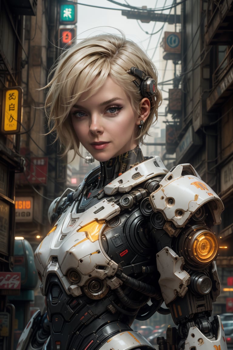 Portrait photo of a woman,  short hair,  blonde,  Cyberpunk city in the background,  white mecha armor,  neon signs,  high quality,  beautiful face,  action pose,  clear focus,  detailed and fantasy setting,  REALISTIC,  Mecha, cyberpunk robot,<lora:EMS-2121-EMS:0.200000>,<lora:EMS-5604-EMS:0.100000>,<lora:EMS-606-EMS:0.800000>