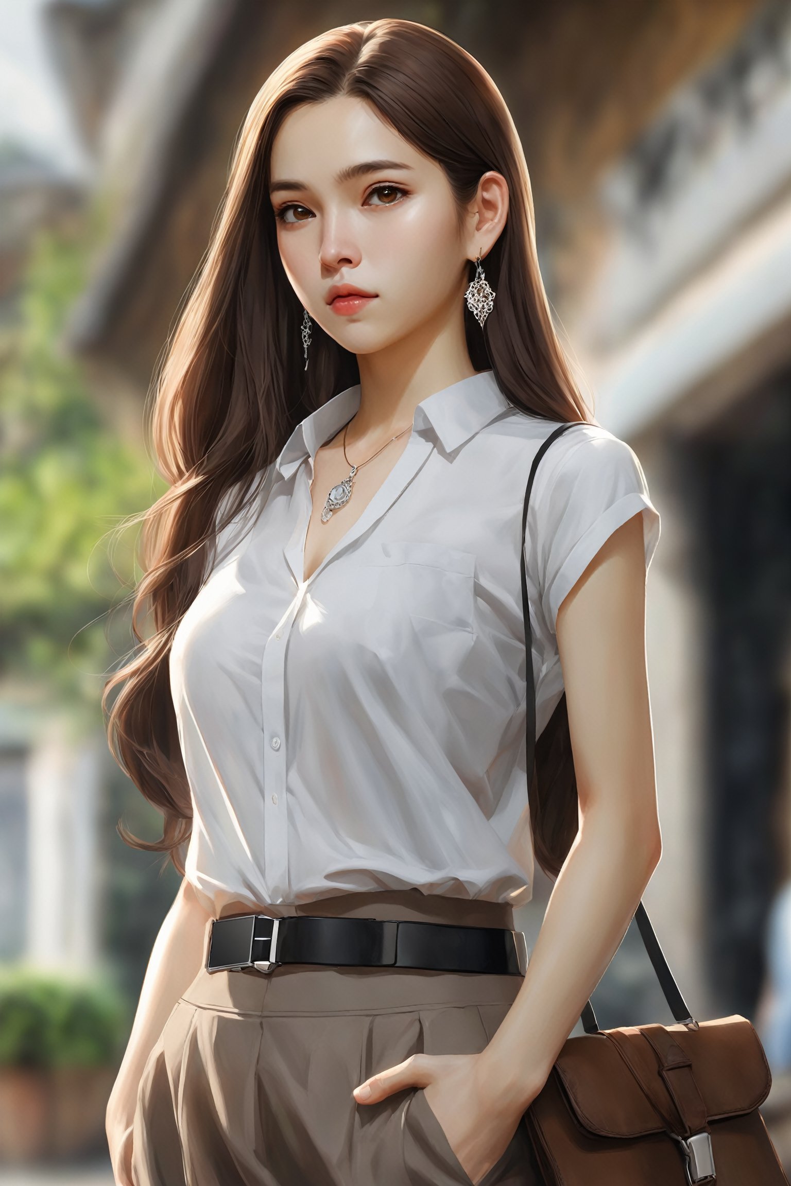 1girl, solo, long hair, looking at viewer, skirt, brown hair, shirt, brown eyes, jewelry, standing, white shirt, earrings, outdoors, sleeveless, day, black skirt, necklace, blurry, bracelet, lips, sleeveless shirt, blurry background, high-waist skirt, watch, realistic, shirt tucked in, photo background,Vietgirl