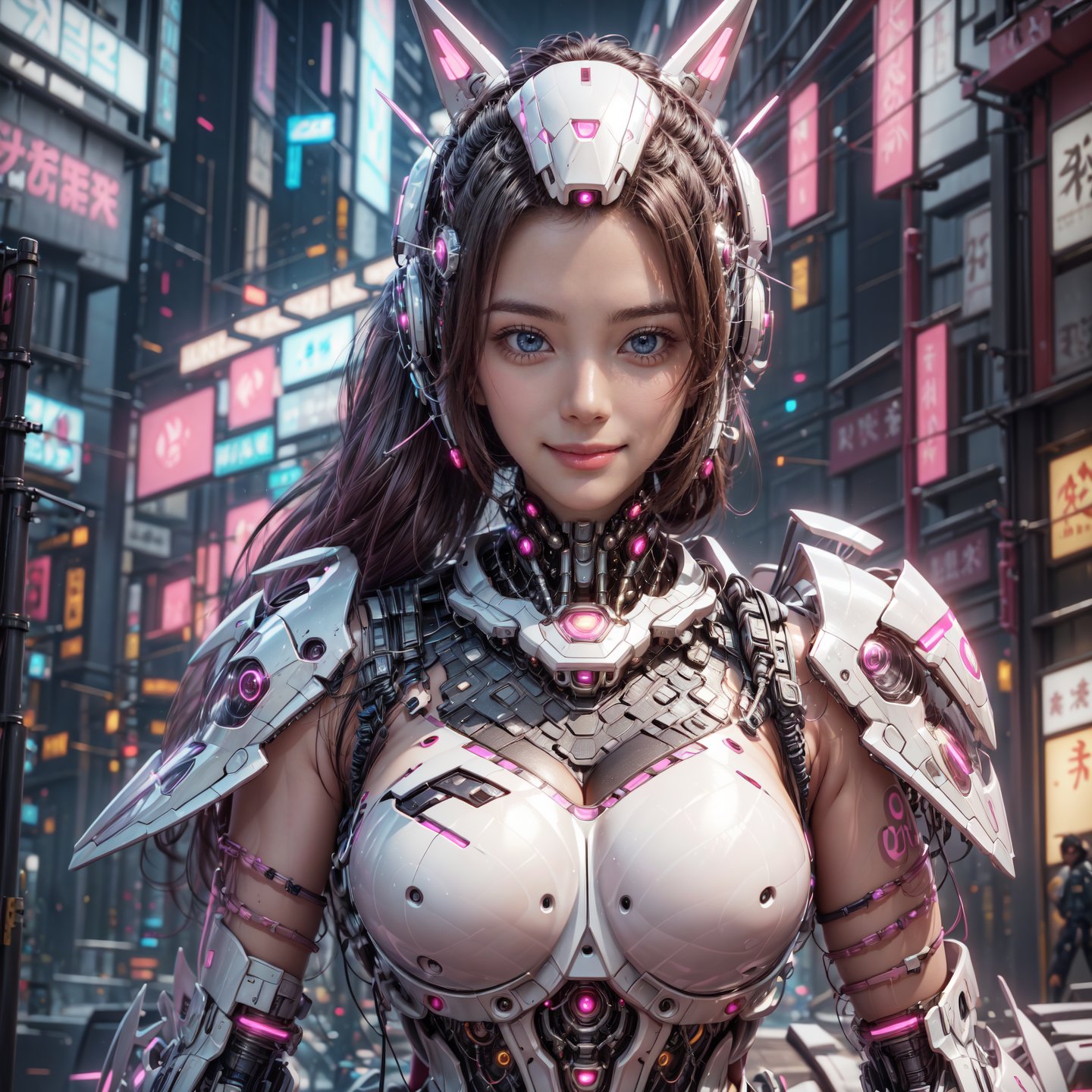 Masterpiece, High quality, 64K, Unity 64K Wallpaper, HDR, Best Quality, RAW, Super Fine Photography, Super High Resolution, Super Detailed, 
Beautiful and Aesthetic, Stunningly beautiful, Perfect proportions, 
1girl, Solo, White skin, Detailed skin, Realistic skin details, 
Futuristic Mecha, Arms Mecha, Dynamic pose, Battle stance, Swaying hair, by FuturEvoLab, 
Dark City Night, Cyberpunk city, Cyberpunk architecture, Future architecture, Fine architecture, Accurate architectural structure, Detailed complex busy background, Gorgeous, Cherry blossoms,
Sharp focus, Perfect facial features, Pure and pretty, Perfect eyes, Lively eyes, Elegant face, Delicate face, Exquisite face, Pink Mecha, ,Cyberpunk,Mecha