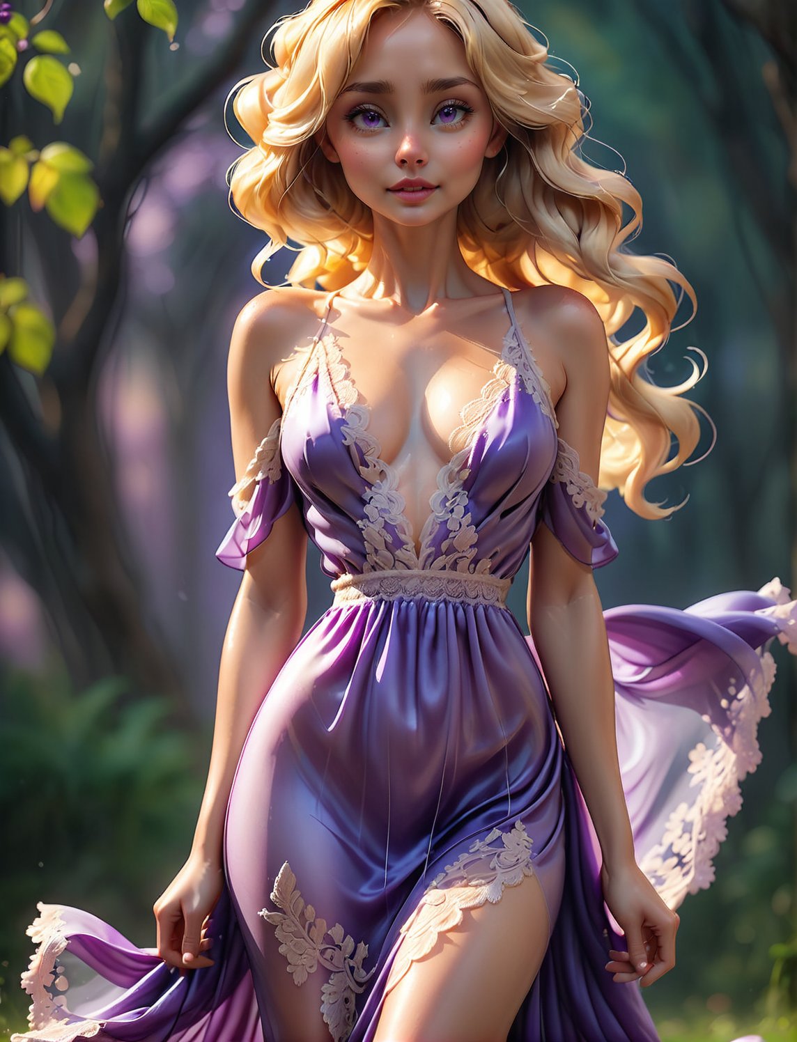 best quality, masterpiece, beautiful and aesthetic, 16K, ( (vibrant color:1.4), (Bright and intense:1.2), Full length front view, liquid dress, concept art, beautiful blonde woman  lue e9of sexy lace silk violet, Hazy conditions, Bokeh,,,