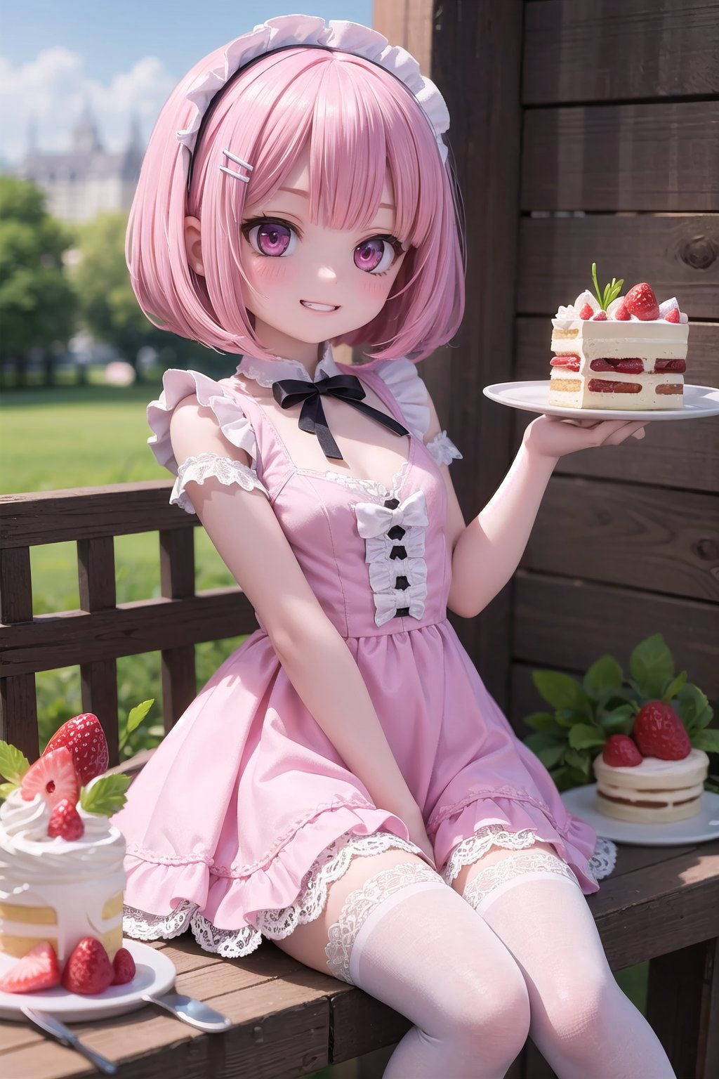 (masterpiece),  1girl,  pink hair,  medium hair,  bob hair,  bangs,  pink eyes,  small breast,  hair clip,  pink dress,  lolita_dress,  evil grin,  petite,  white lace,  frill,  lace,  lace trim,  white lace thighhighs,  zettai_ryouiki,  (strawberry shortcake:1.2),  cake,  cream,  outdoor