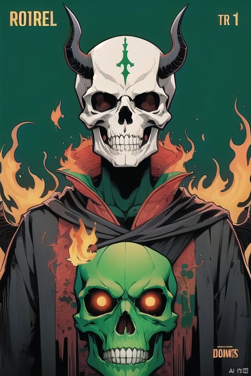 zstyle, (title text:1.2),  cover-picture, Color cover, (The title is Satan:1.2), (Symmetrical-composition:0.8), 1 Satan in cover, Upper body close-up, (Detailed skull face)and(Red skull eyes)and(Detailed demon face and horns)and(The bones-wings on his back)and(green-ghost-fire beside wings)and(flow-fire bones-wings), Detailed rib-coat, Color cover, detailed black feather shawl, Lots of rib decorations on the chest, title close-up2022, Black hell background,<lora:EMS-263416-EMS:0.800000>