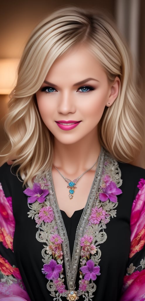 hdr, (best quality, masterpiece, ultra detailed, 8K, RAW photo), absuredres, a beautiful blond woman, long black chignon with blunt bangs, azure outfit, grey eyes, parted greasy lips, kind smile, intricate jewelry, necklace, earrings, bliss, joyful, floral background, vibrant color, colorful, cinematic, intricate details