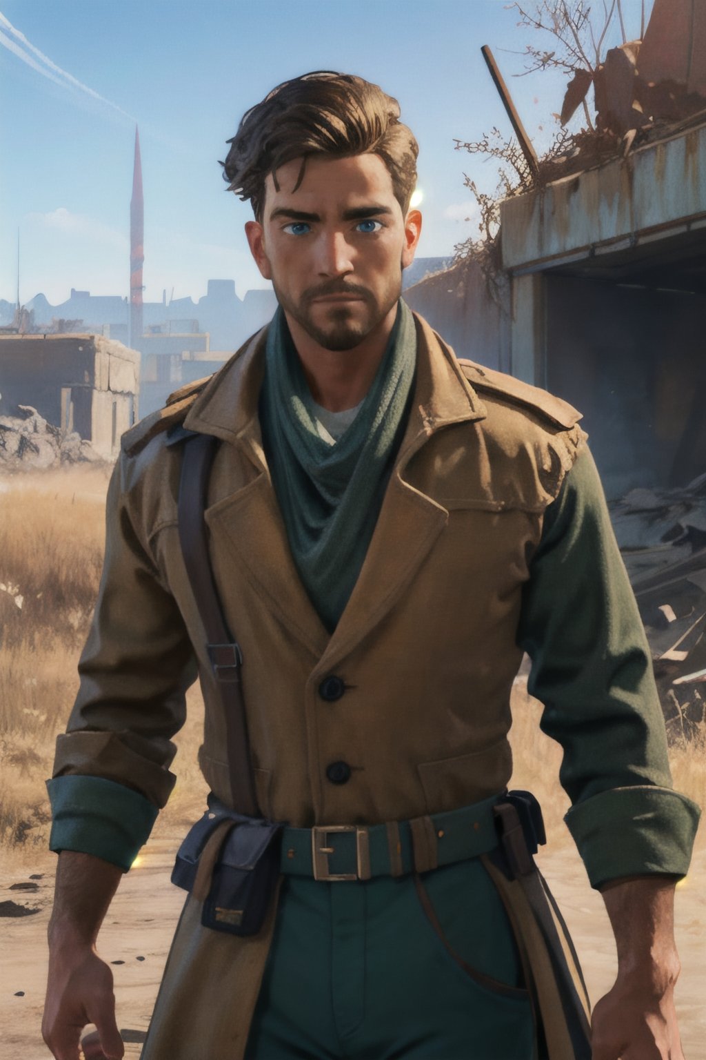 Robert MacCready, blue eyes, light brown hair, facial hair, tan duster coat, ammo pouches, long-sleeved, white undershirt, military green scarf, military green pants, fit body, handsome, charming, alluring, dashing, intense gaze, (standing), (upper body in frame), ruined overhead interstate, Fallout 4 location, post-apocalyptic ruins, desolated landscape, dark blue sky, polarising filter, perfect light, only1 image, perfect anatomy, perfect proportions, perfect perspective, 8k, HQ, (best quality:1.5, hyperrealistic:1.5, photorealistic:1.4, madly detailed CG unity 8k wallpaper:1.5, masterpiece:1.3, madly detailed photo:1.2), (hyper-realistic lifelike texture:1.4, realistic eyes:1.2), picture-perfect face, perfect eye pupil, detailed eyes, realistic, HD, UHD, (front view:1.2), portrait, looking outside frame,